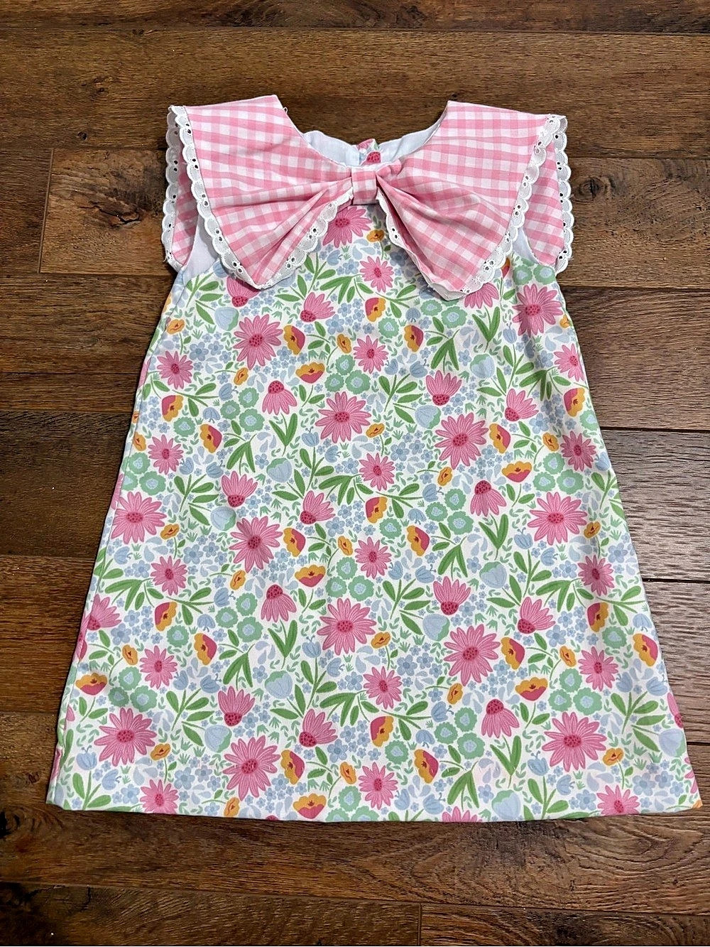 Krewe Girls Floral Dress Pink Gingham Bow Collar Spring Summer Size 4